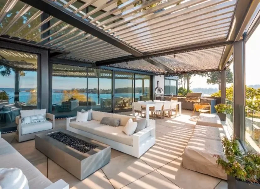 Covered patio lounge with adjustable shade in Lehi, Utah