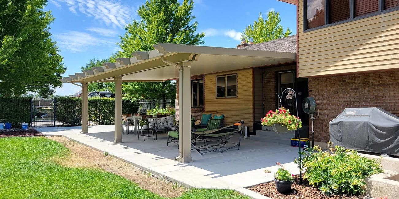 Custom Utah Awnings patio cover with a mountain view