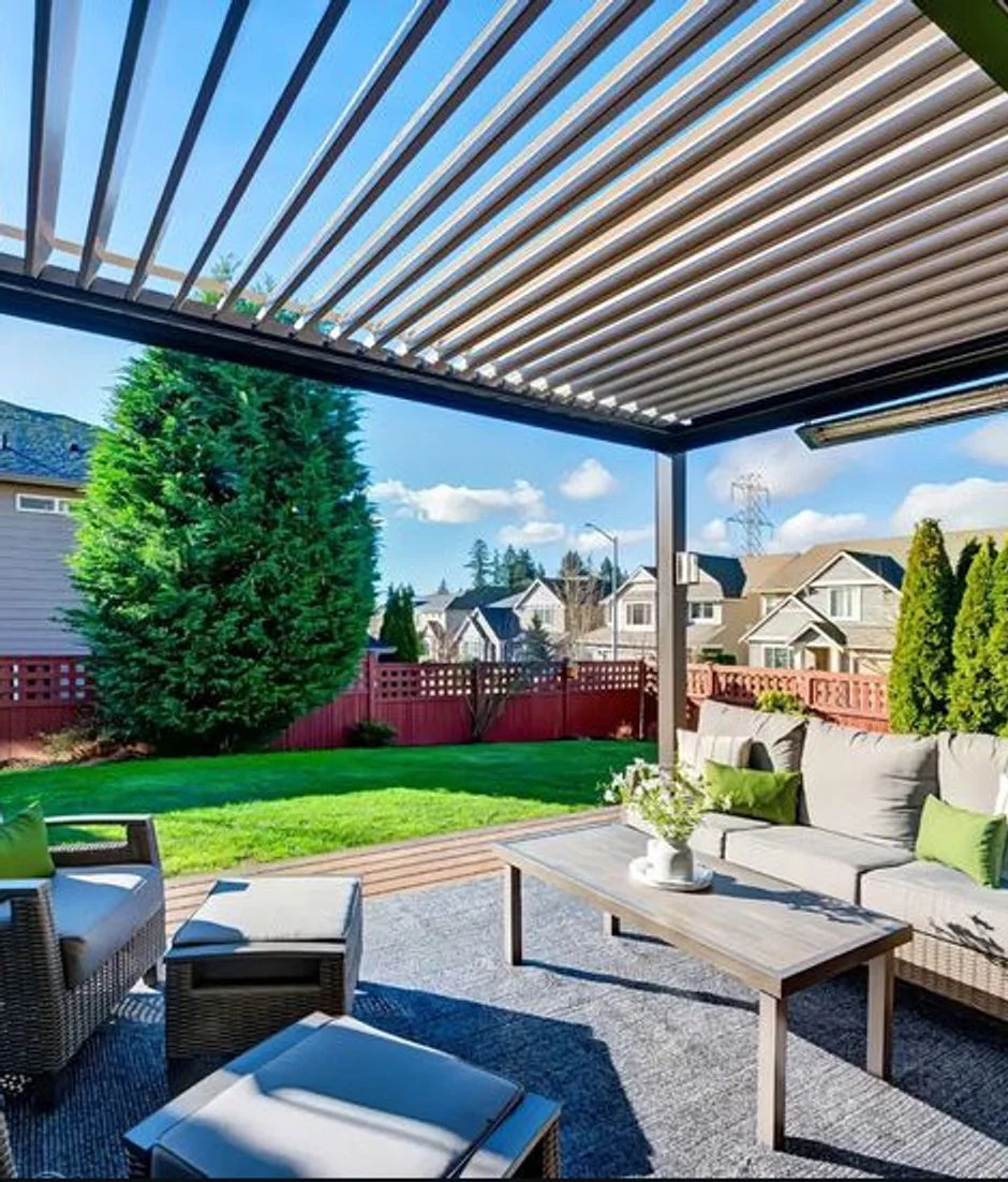 Louvered patio cover with adjustable roof slats